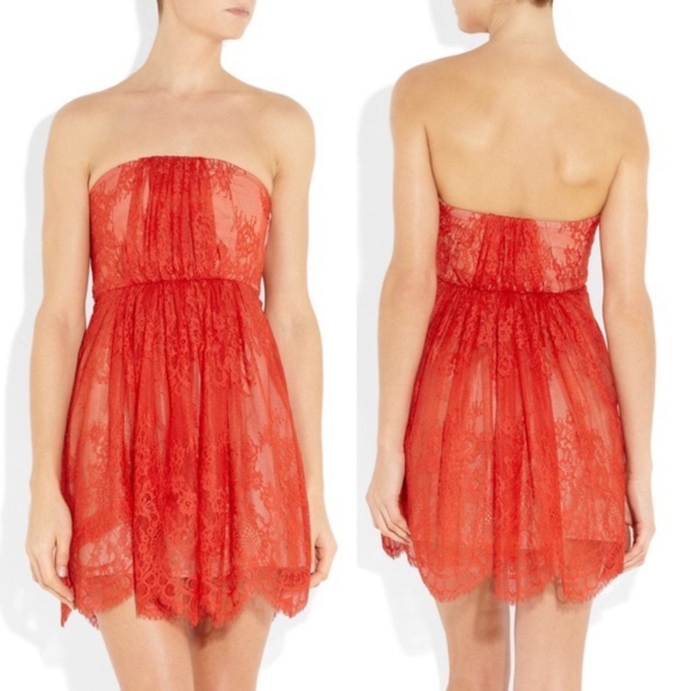 Tibi orange/red strapless lace silk dress size 4